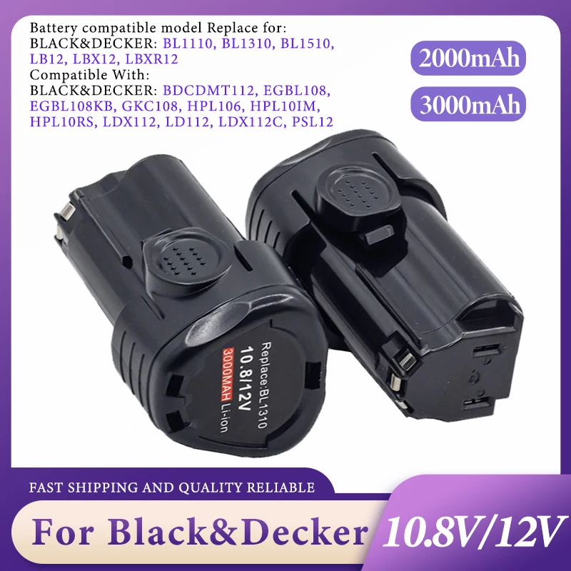 Battery for Black & Decker 10.8/12V 3000mAh Power Tool Batterij Ion, BL1110, BL1310, BL1510, LB12, LBX12, LBXR12, BDCDMT112