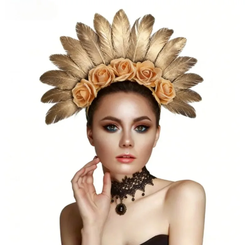 Mexican Day of the Dead Floral feather Hair Hoop - Feather Rose Halloween Headband for Dark Bride Party & Stage Performance