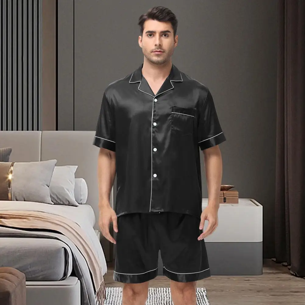 2026 2Pcs/Set Men Pajamas Set Lapel Short Sleeve Single Breasted Tops Elastic Waist Shorts Set Solid Color Satin Sleepwear