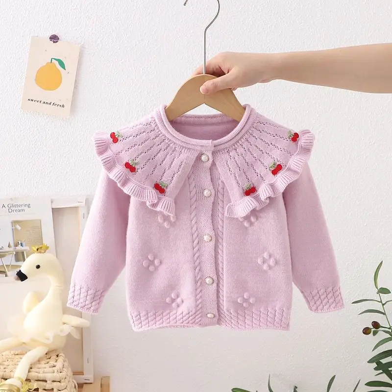 

Autumn Winter Hairball Cotton Tops Children's Coat Clothes Kids Girls Sweaters Baby Girl Floral Pattern Knitted Cardigan
