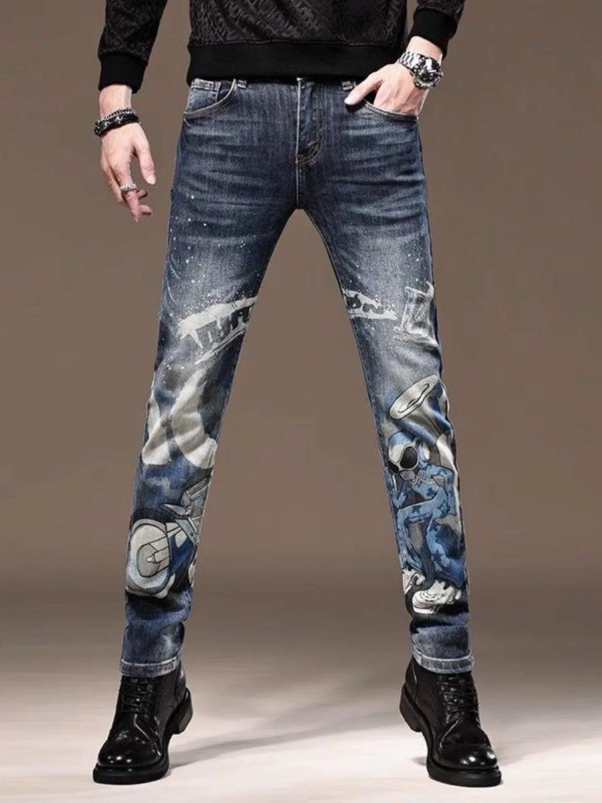 

High-End Faion European Printed Trendy Men's Jeans Elastic Slim Fit Waed Long Pants Spring 2025 Casual Urban Sle