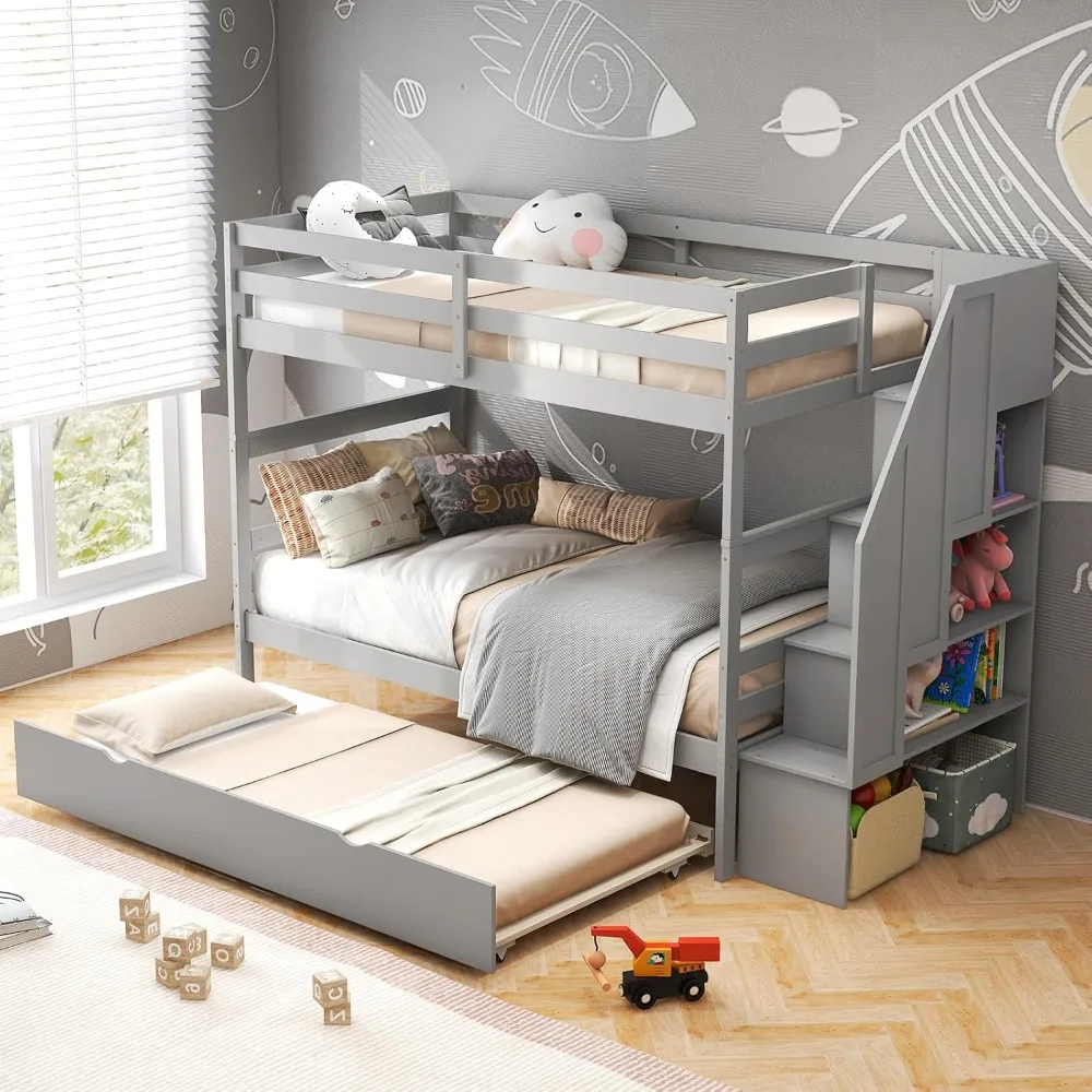 

Twin Over Twin Bunk Bed with Trundle and Storage Stairs, Solid Wood Bunk Bed Convertible 3 Bed Frames for Bedroom Dorm