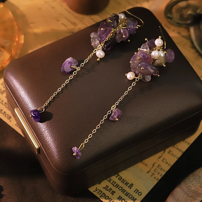 GLSEEVO Natural Amethyst Fresh - Tassel Earrings Boho 评论和价格