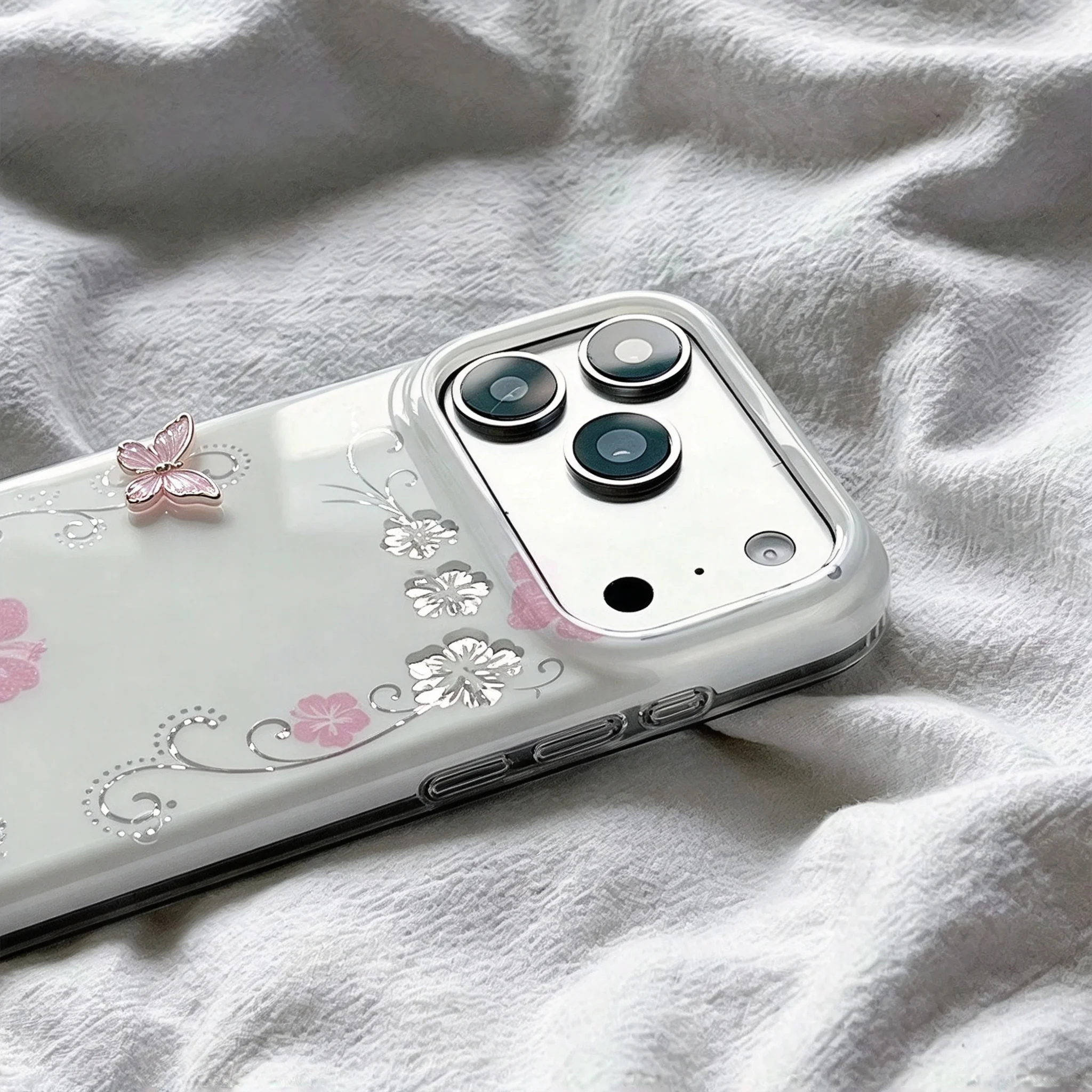 Korean Ins Silver Hibiscus Flower Laser Shining Phone Case For iPhone 18 Duo 17 Air 16 15 14 13 12 11 Pro 16 Plus Mini Y2K Cover