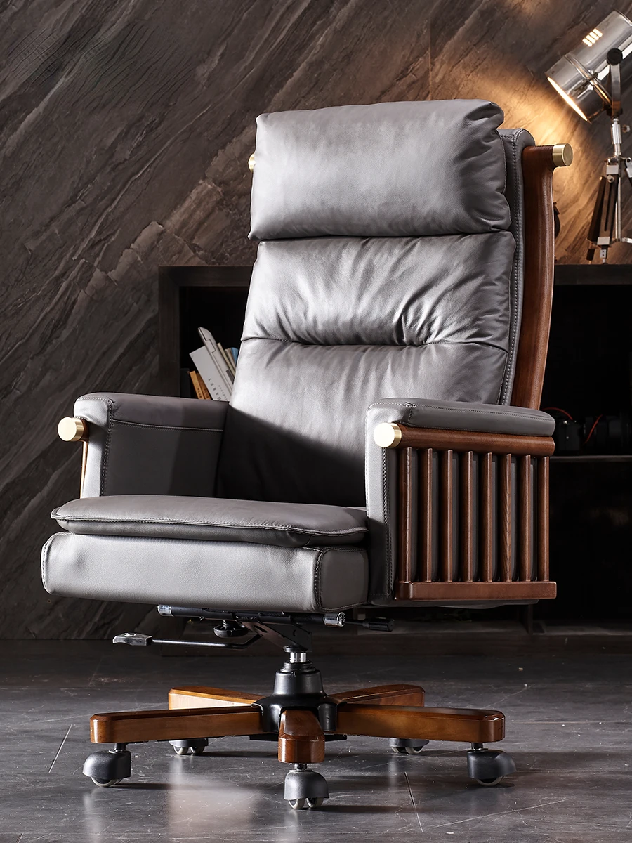 

Keno solid wood genuine leather boss chair, office swivel chair, Chinese style president's large class chair, cowhide lifting co