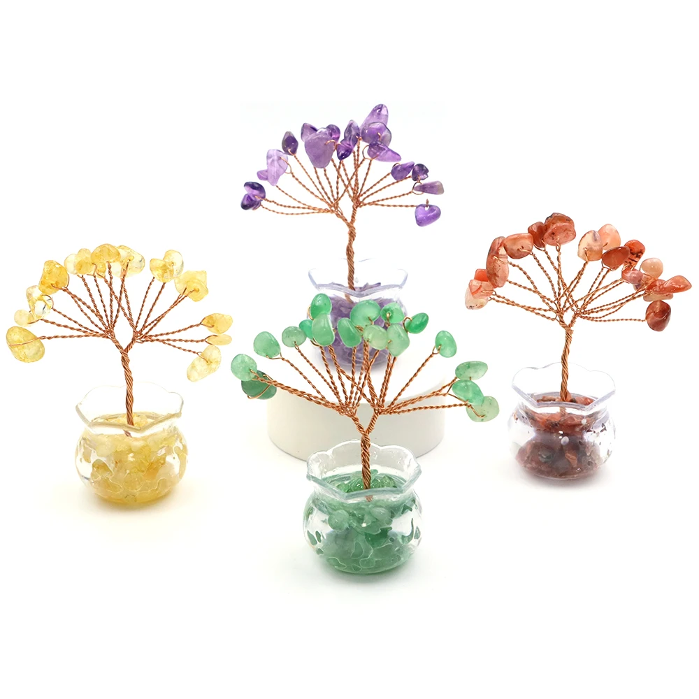Lucky Mini Tree Natural Crystal Wire Winding Amethyst Citrine Gravel Home Office Feng Shui Decoration Crafts Money Trees Gifts