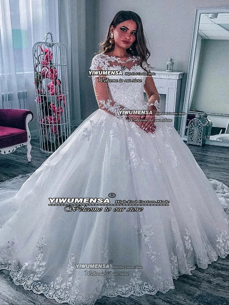 Weiße Spitzenapplikationen Perlen Brautkleider Illusion Langarm Ballkleider Braut Maßgeschneiderte O-Ausschnitt Vestidos De Novia