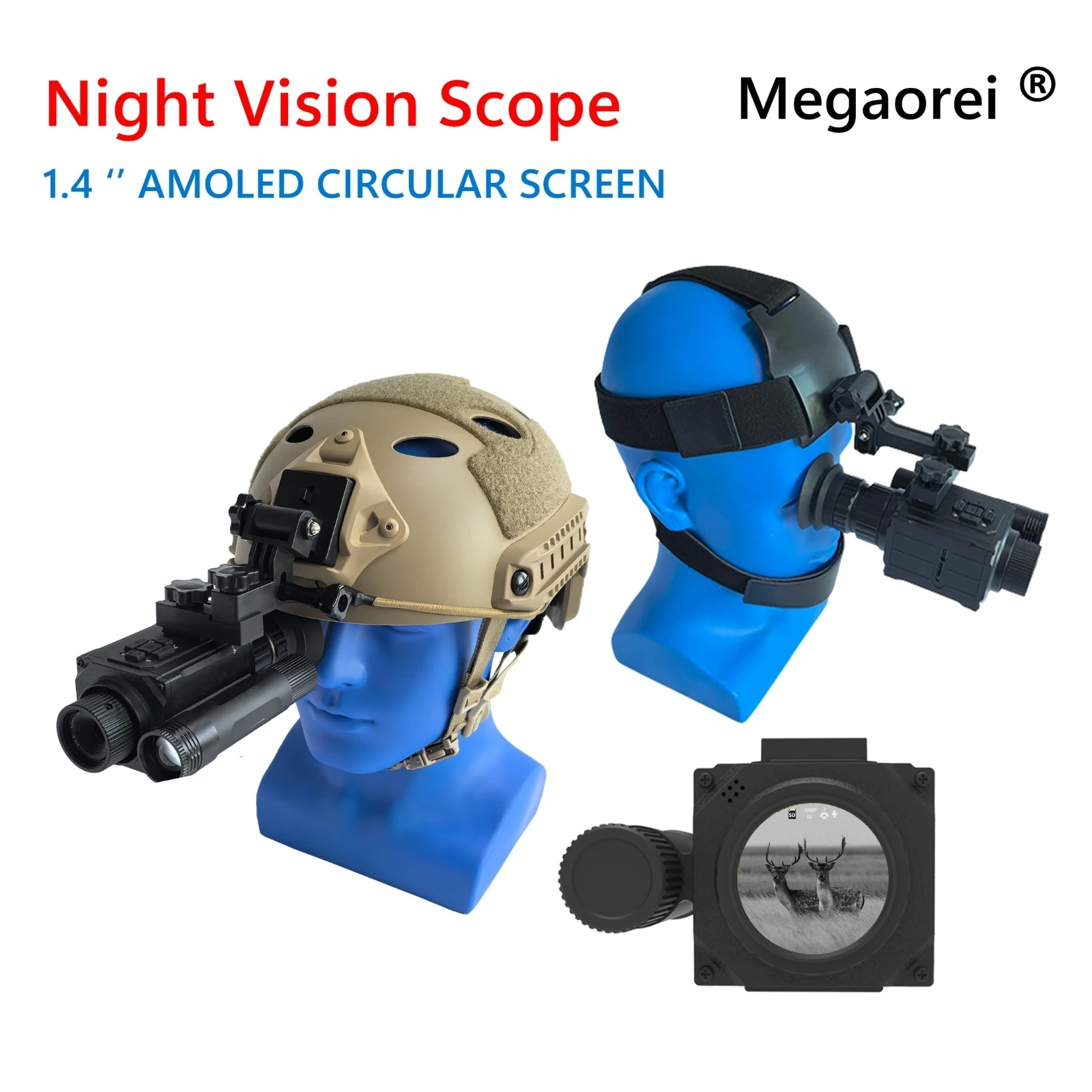 Night Vision Scope 1.4 Inch 1080P Full Circular Screen 5X Digital Zoom 850nm/940nm IR Monocular 200-400M Helmet /Headband Camera