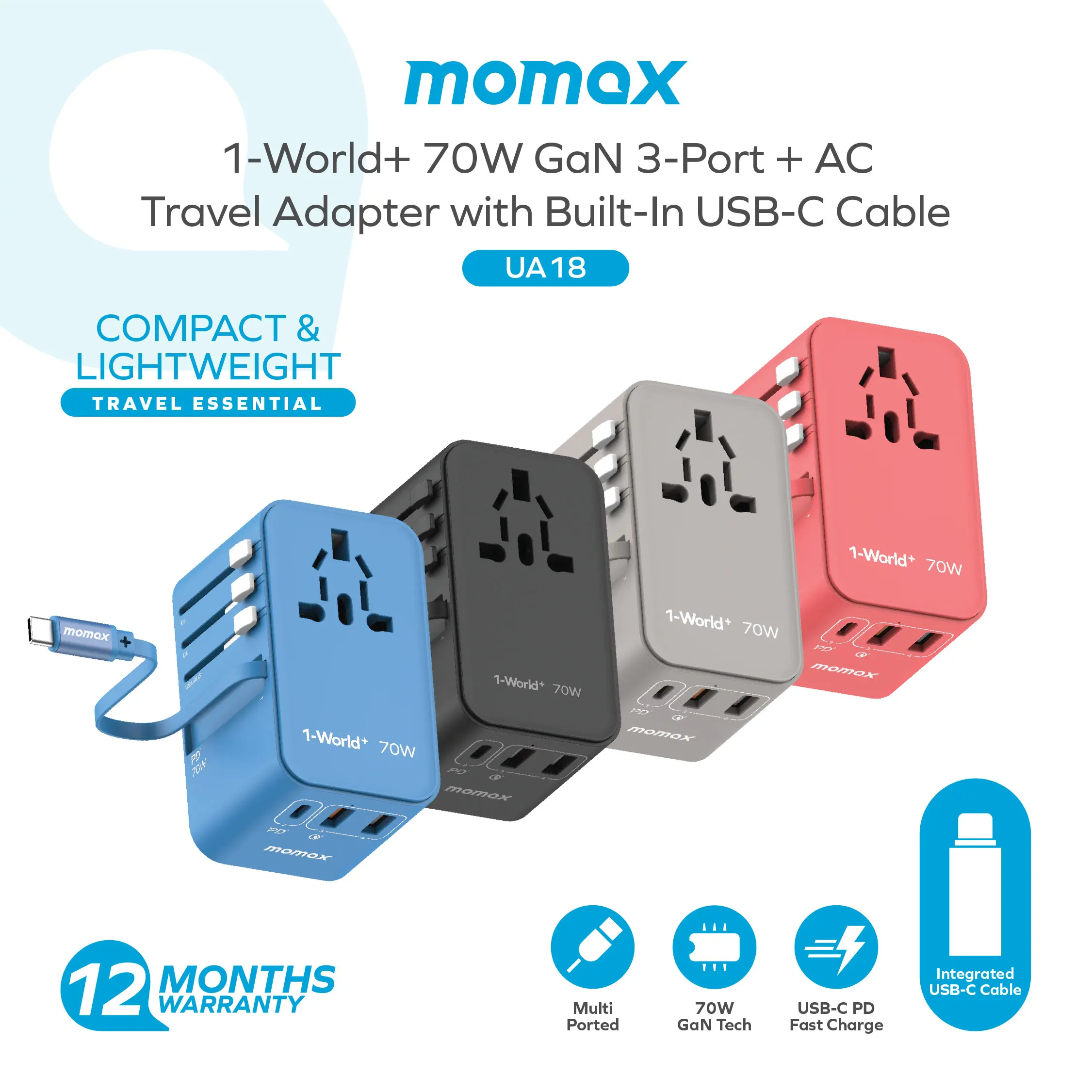 MOMAX Universal Travel Adapter 70W, International Power Plug Adapter with 1 USB C (PD 70W), 2 USB A Ports 1 USB C Cable (PD 70W)