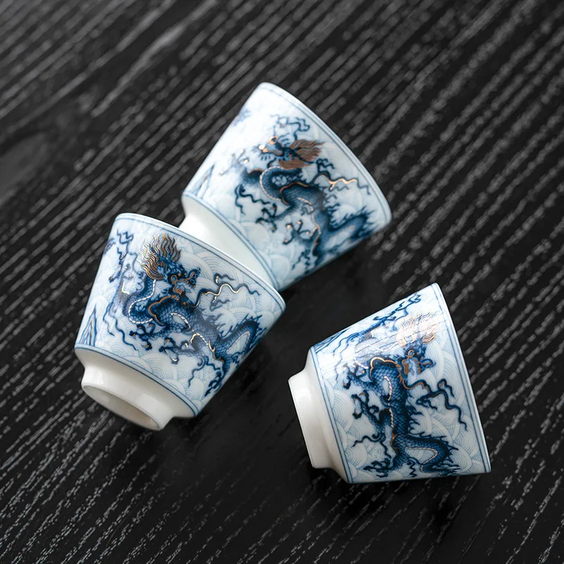 2024 Year New Blue and White Dragon Patterned Small Tea Cups Chinese Metal Inlay Ceramic Teacup 45ml Capaicty