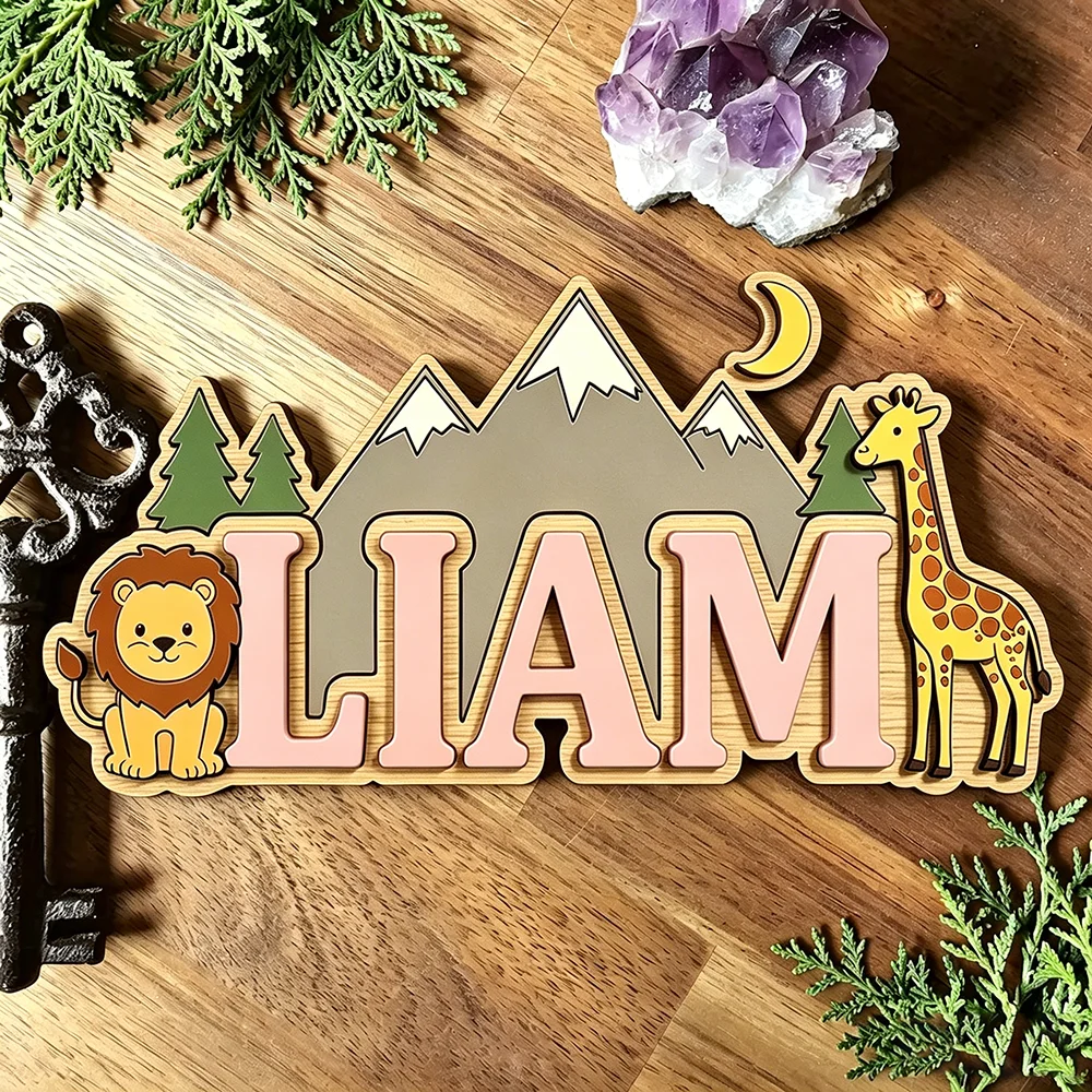 Custom Safari Lion & Giraffe Kids Name Sign for The Dearest Baby, Cute Mountain Moon Themed Nursery Door Plaque