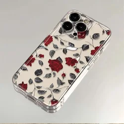 Luxury Retro Flower Red Rose Clear Soft Case Protection Cover for iPhone 15 14 13 12 11 Pro Max XS XR X SE 7 8