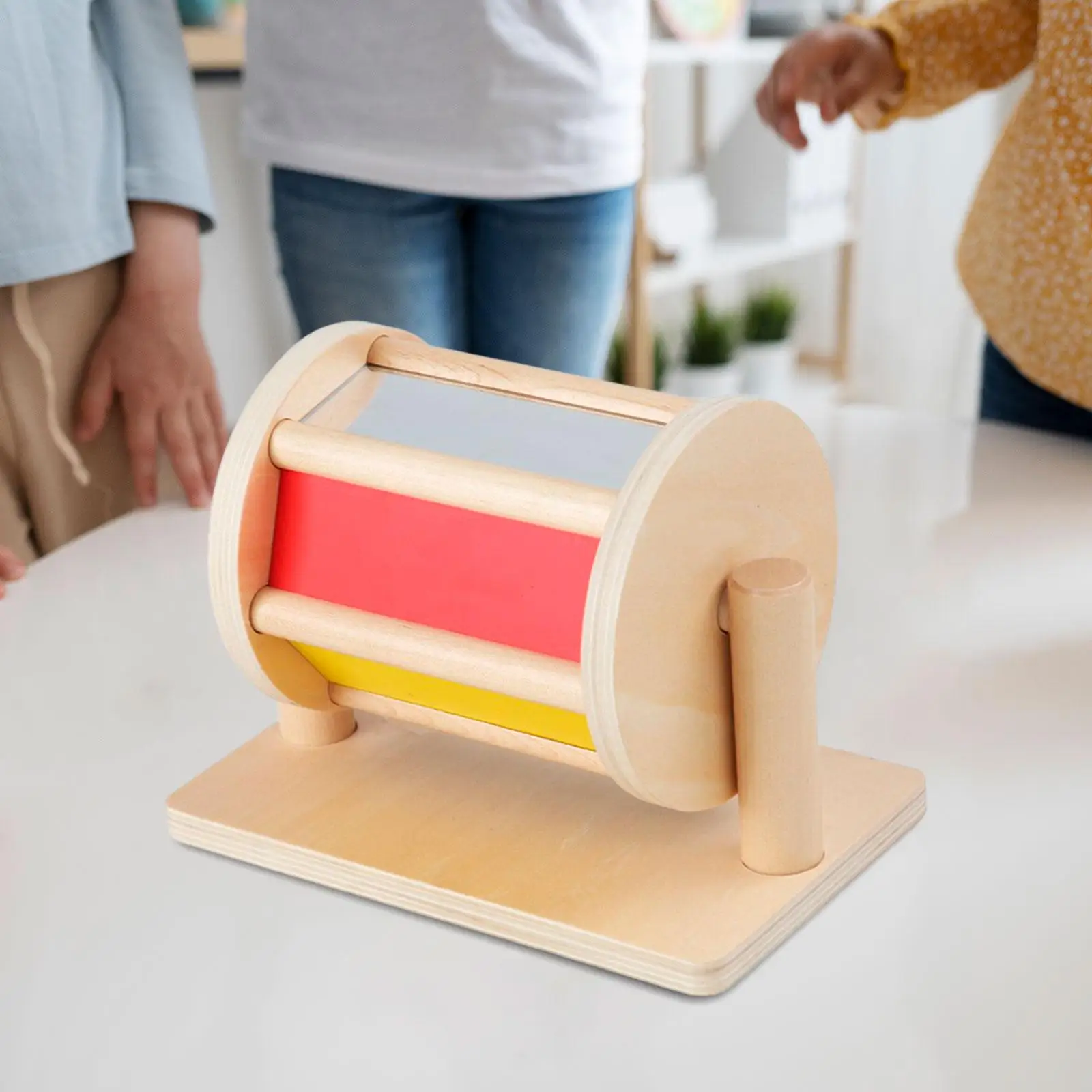 Rolo de tambor giratório, reconhecimento de cor, brinquedo de madeira com espelho e sino para crianças, brinquedo infantil