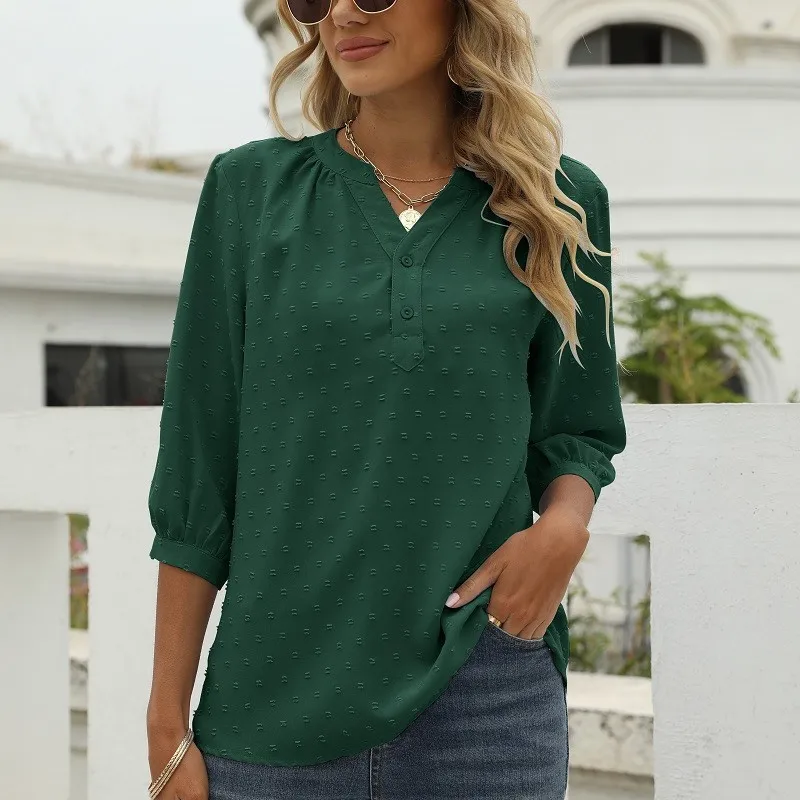 Dark Green Elegant Ladies Long Sleeved Shirt Top With V-neck Buttons Wool Ball Jacquard Two-thirds Sleeves Spring Shirt New 2025