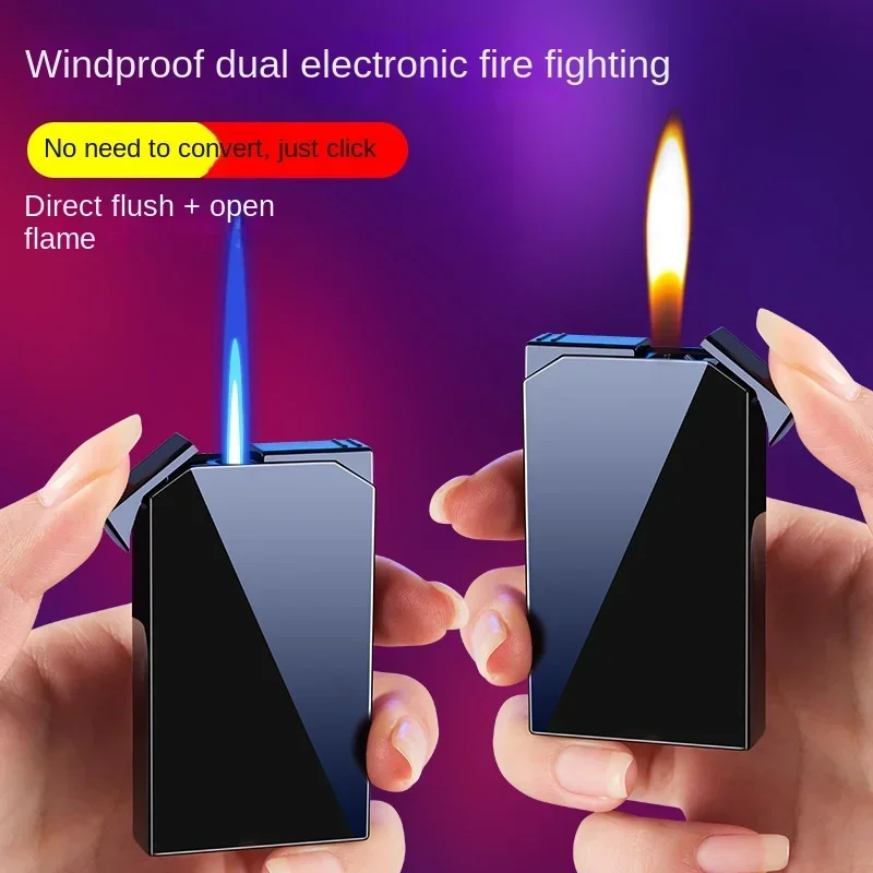 

High aesthetic inflatable dual flame lighter with direct metal windproof blue flame open flame fashion gradient lighter