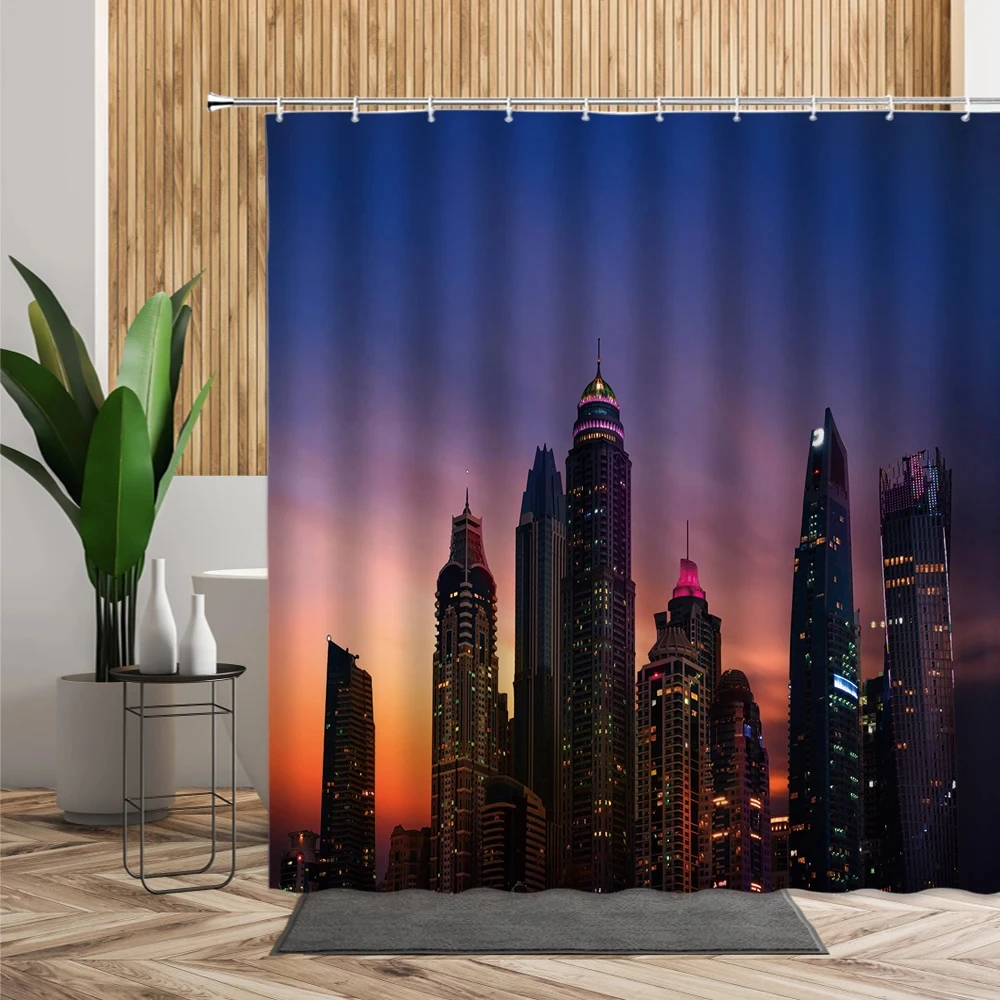 New York Night Landscape Shower Curtain Modern City Bridge Building Bath Curtains 3D Retro Black White Photo Bathroom Decors Set