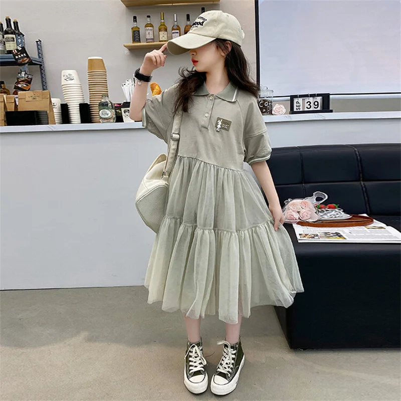 Girls Summer Dress 2024 New 6-12 years old 16 years old big children little girls preppy gauze dress