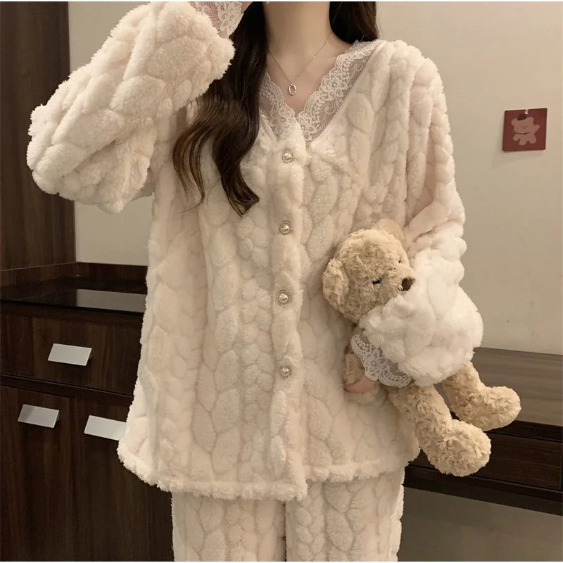 Lace Splicing Pajamas For Women Autumn And Winter Flannel Coral Fleece Thicke Warm Home Clothing Set Outwear 2-Piece Set Girl