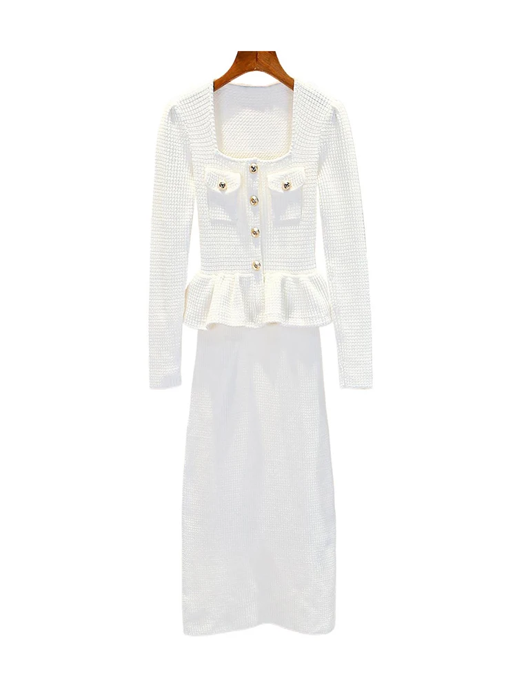 ハイエンド冬の女性のニットドレスホワイトスクエアカラーレース裾Aラインミディドレスソフトポリエステル繊維長袖