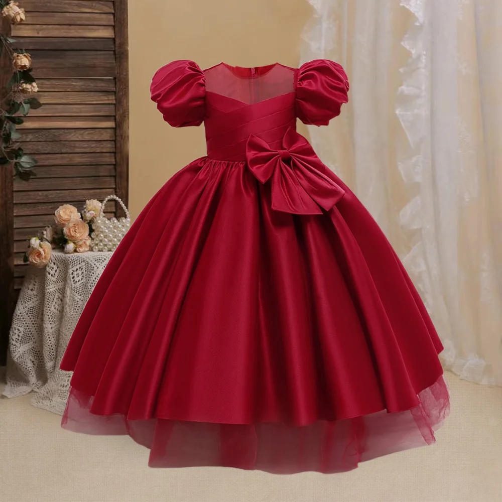 Summer Satin Big Bow Girl Dresses Christmas Costume Puff Sleeve Pleated Birthday Princess Dress Wedding Graduation Girls Clothes