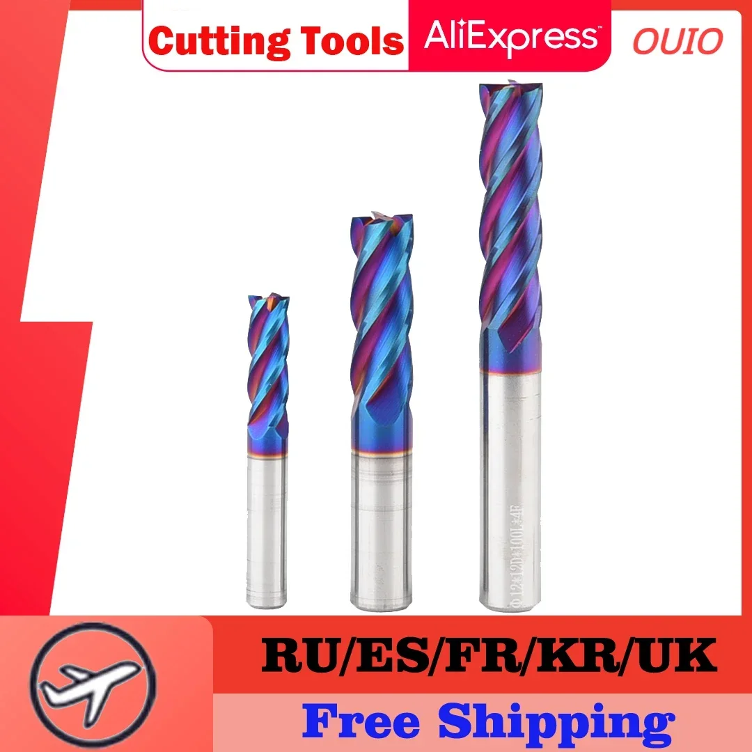 OUIO HRC65 End Mills CNC Cutting Tools Carbide Flat End Mill Tungsten Cutter  4 Flute Metal Steel Machining  Tool Bit 4 Shank