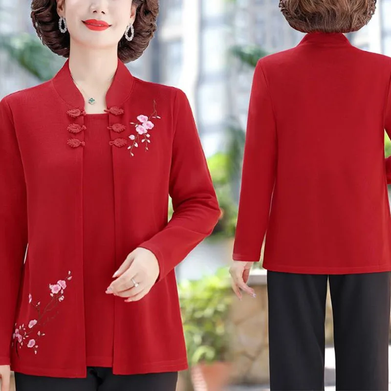 New Women\'s Spring Autumn Fashion Chic Stand Collar Embroidery Spliced Fake Two Pieces Elegant Loose Casual Long Sleeve Tops