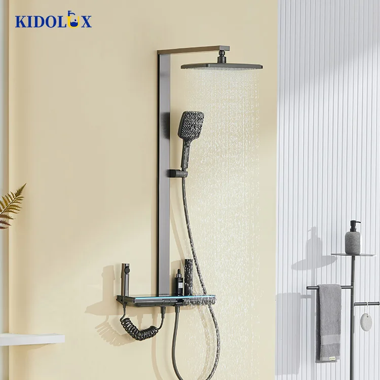 Fashion Style Antique Exposed Brushed Grey Multi Purpose Shower Set With Led High Quality Piano Key Bathroom Shower Faucet