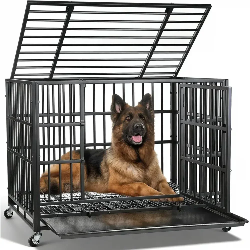 38 Heavy-Duty Dog Crate with 4 Wheels, Double Door, Removable Tray for Large Dogs