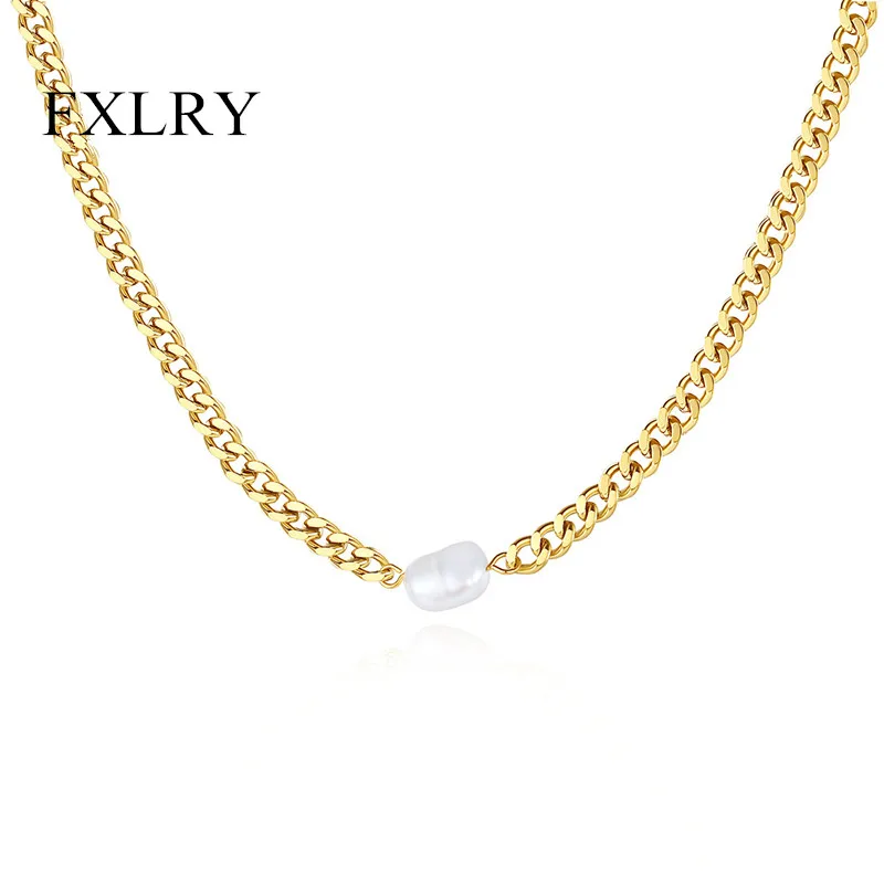 

Модные жемчужные ожерелья-Чокеры FXLRY, уличные трендовые кубинские ожерелья из нержавеющей стали для женщин, украшения для вечеринок