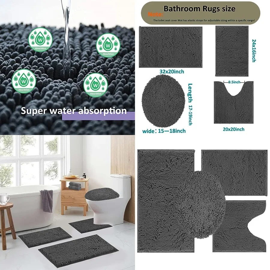 

Grey Bathroom Rugs Sets 4 Piece with Toilet Lid Cover Non Slip Bathroom Mats Extra Soft Chenille Bath Rug Absorbent Shaggy Rugs