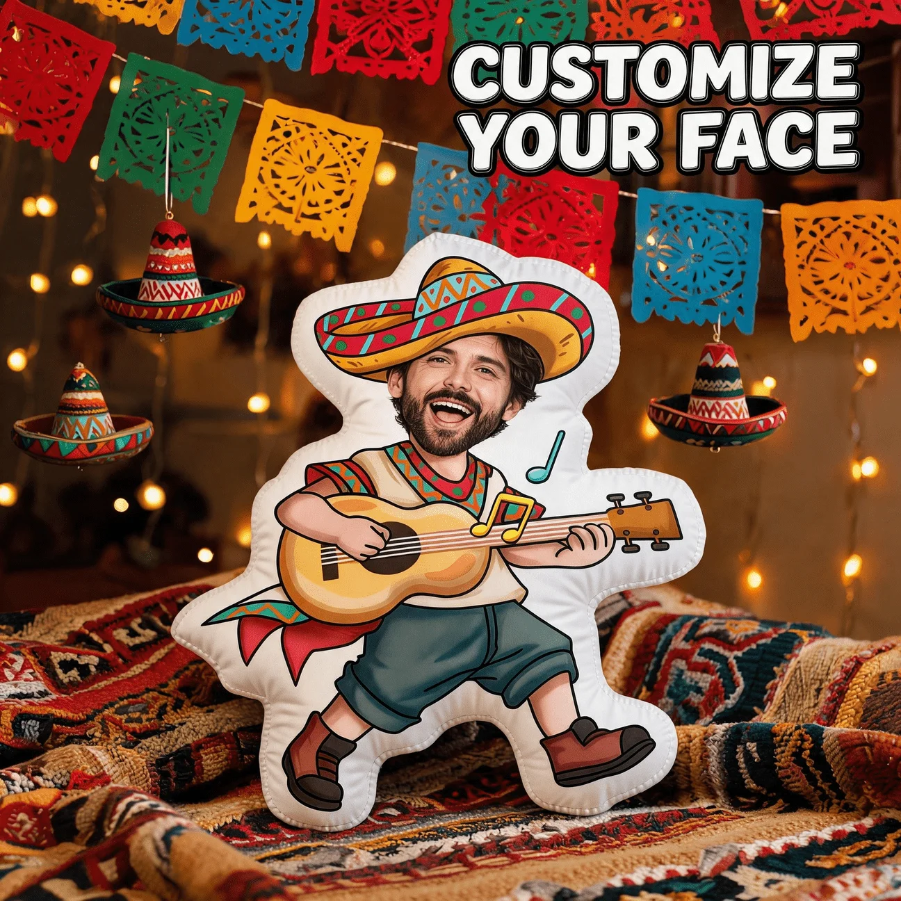Personalized Musician Shaped Pillow - Custom Photo/Name/Text Guitar Player Cushion with Sombrero Style Suitable for Sofa &, Gift