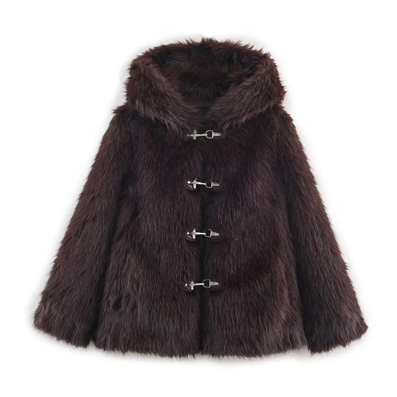 Elegant PU Fur Patchwork Jacket Women Loose Detachable Collar Lapel Double Breasted Jackets Female Fashion Winter Warm Outwear
