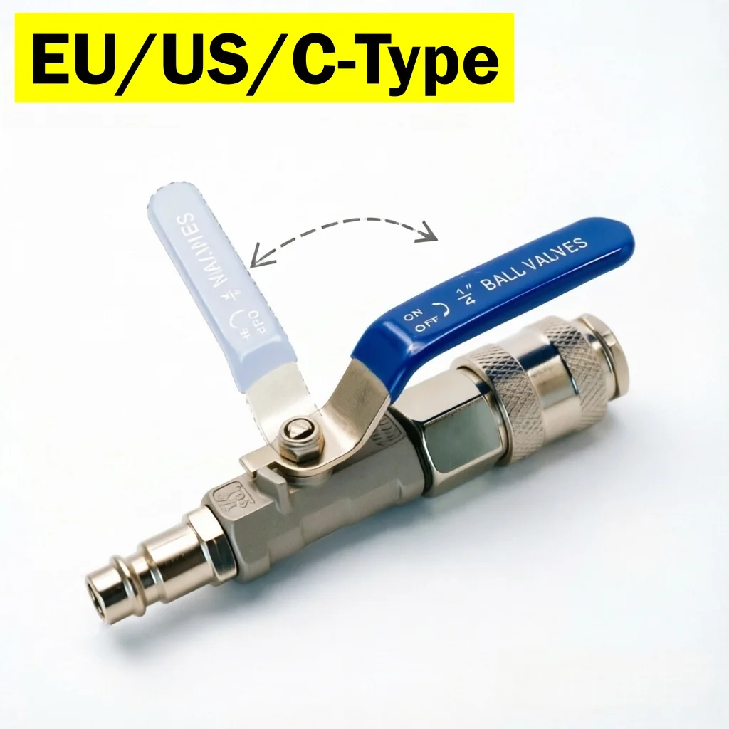 Air Compressor & Gun Hose Ball Valve EU/US/C-Type Pneumatic Quick Connect Fitting Switch On/Off Control