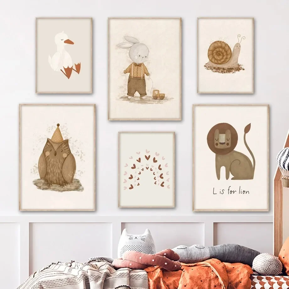 Lions Rabbit Geese Owls Snails Duck Flower Wall Art Nordic Posters and Prints Canvas Painting Pictures Baby Kids Room Home De