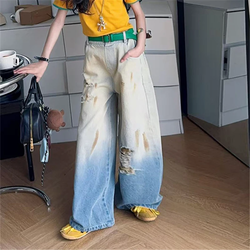 High Fashion Kids Hip Hop Y2K Gradient Dip Dye Jeans with Belt for Girls Trendy Streetwear Denim Pants Child Hiphop Ripped Jeans