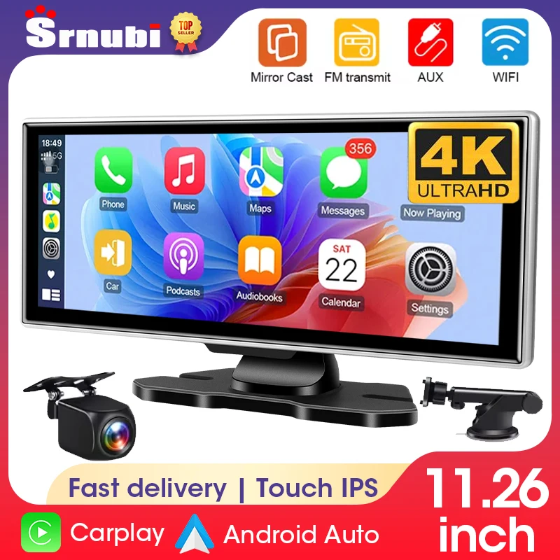 

11.26 inch Dash Cam 4K Car DVR Wireless Carplay & Android Auto GPS Navigation Video Recorder Dashboard Dual Lens Dual BT FM AUX