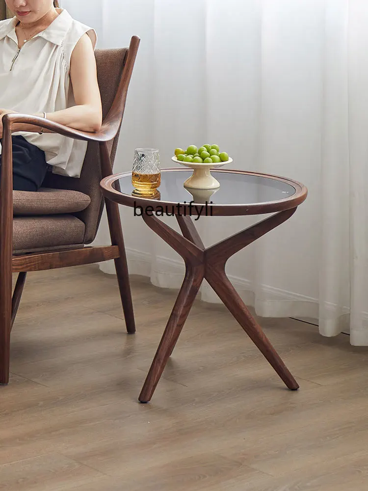 Table d'Appoint Ronde en Bois Massif, Petite Table d'Angle en Verre de Luxe, Brochure Noire, Amérique du Nord