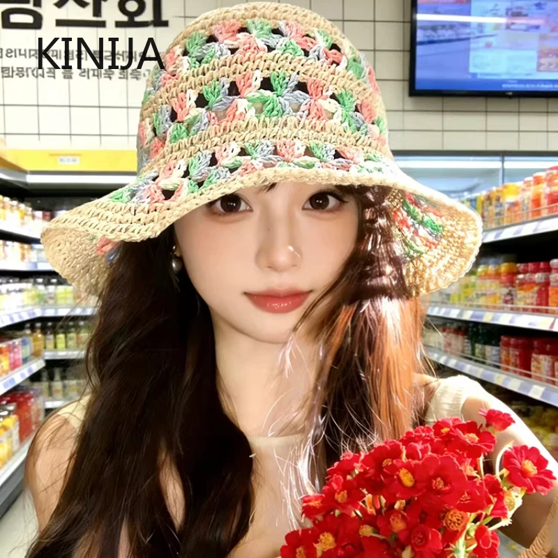 Women Crochet Straw Bucket Hat Hollow Sun Hat Women Trendy Summer Beach/Outdoor Travel Headwear Hats for Lady Sun Protection