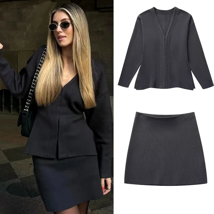 

Spring Autumn Sexy Solid Knitted Skirt Sets Women Fashion V Neck Single Breasted Cardigan+Chic Mini Pencil Skirts Two Piece Set