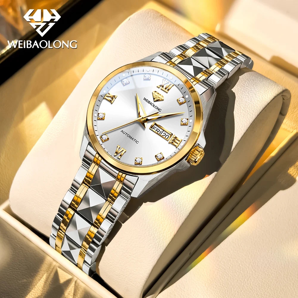WEIBAOLONG 3803 Real Diamond Women Watch Luxury Watches for Ladies Dual Calendar Display Automatic Mechanical Ladies Watch