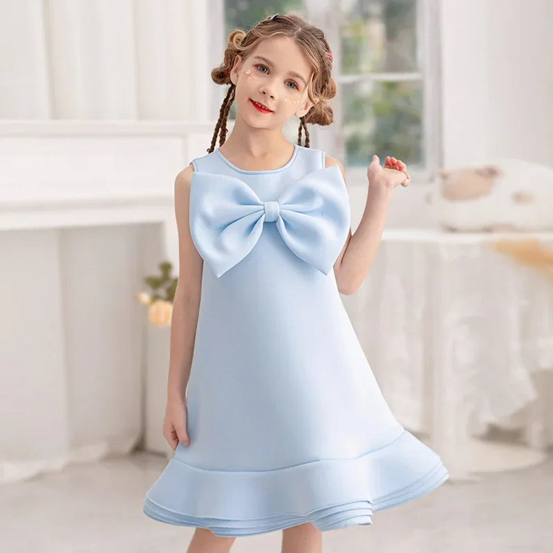 Disfraz de princesa azul cielo para niña, traje de una pieza con lazo grande, ropa de fiesta de cumpleaños y boda, novedad de verano, 2024