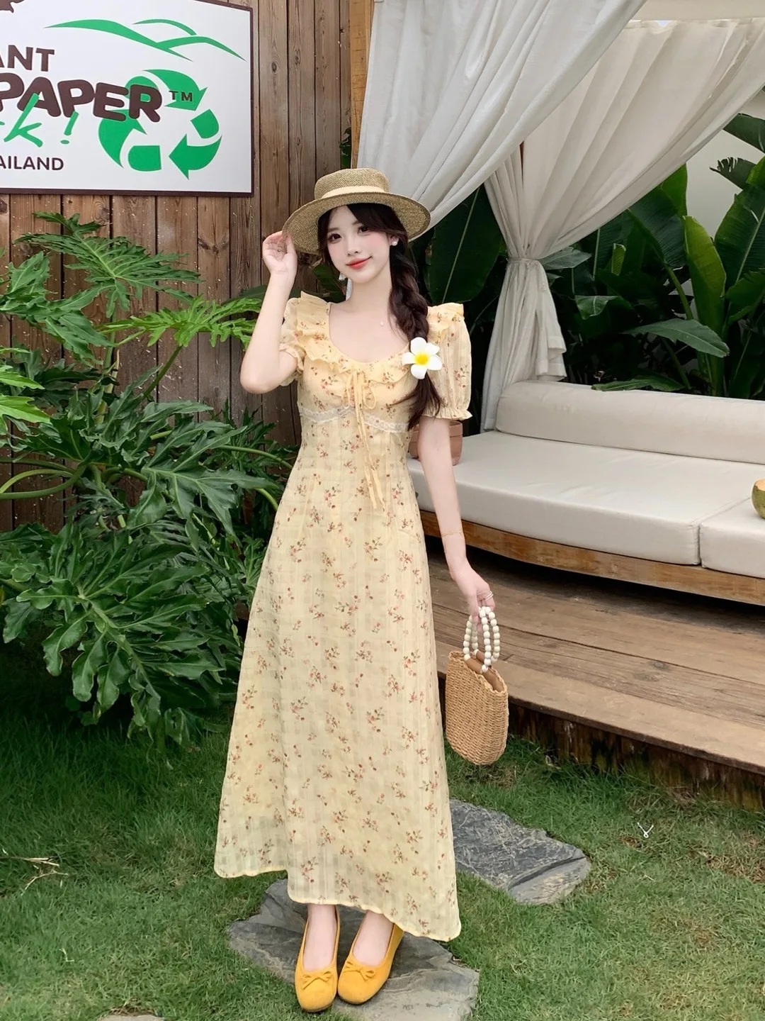

plus Size Women's Floral Print Short Sleeve Dress with Ruffle Collar Waist Cinching Summer Holiday Style Long Dress