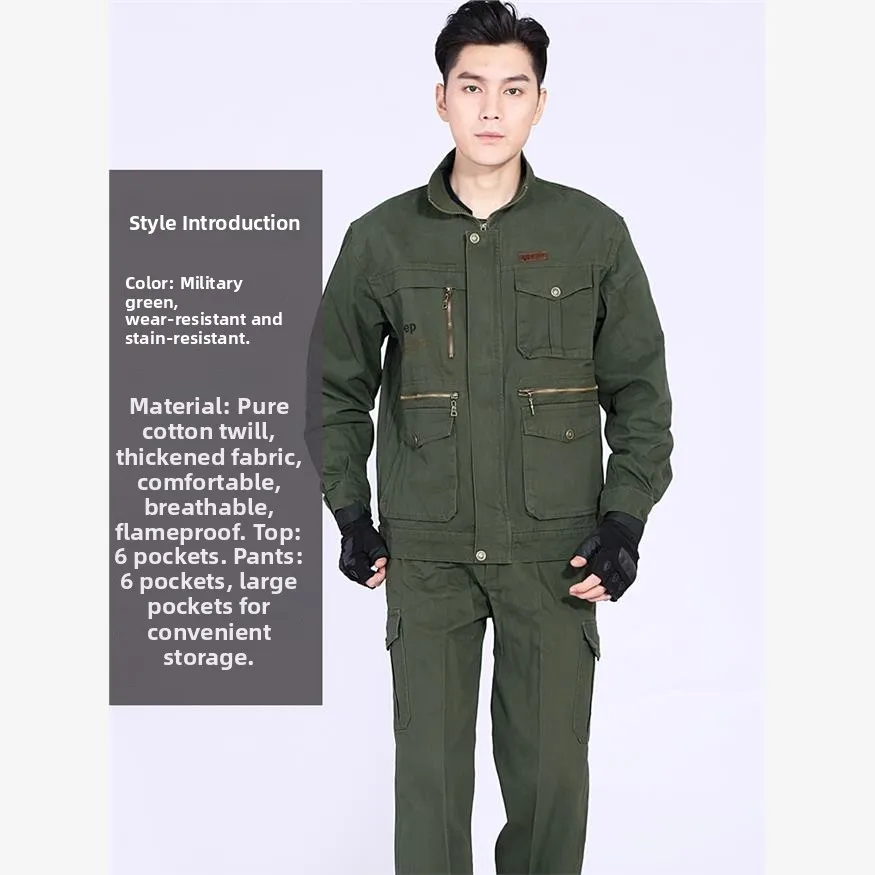 طقم ملابس عمل قطنية للرجال للربيع والخريف، مناسب للحامين، متعدد الجيوب، ملابس رجالية من القطن الخالص، زي عمل للمكتب