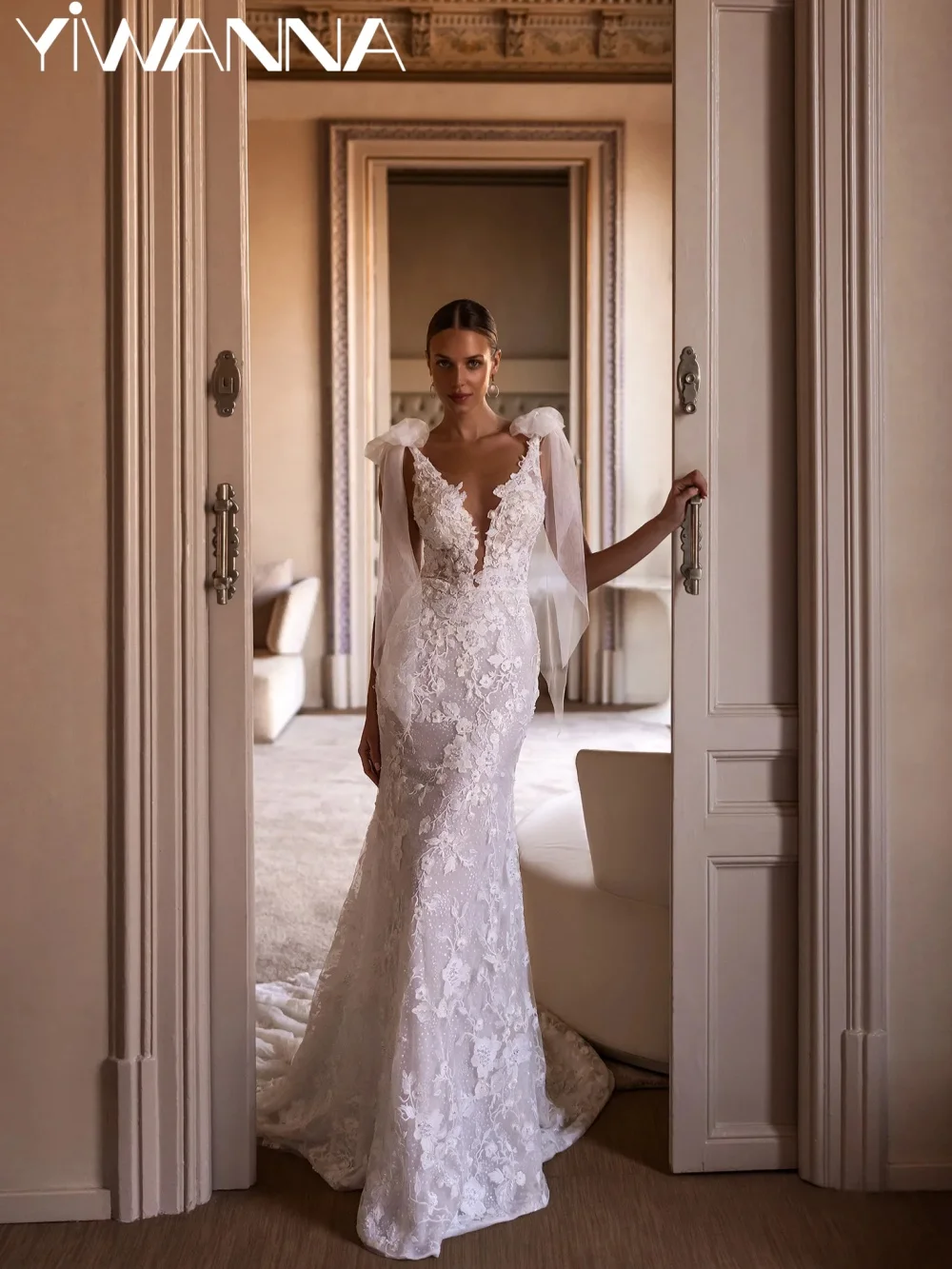 

Exquisite Beaded Appliques Wedding Dress Classic Deep V-neck Mermaid Bridal Gown Customized New Floor-length Dresses For Bride