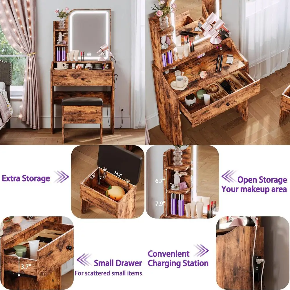 

Vintage Brown Makeup Vanity Desk with Mirror, Lights, Storage, Chair, and 3 Shelves