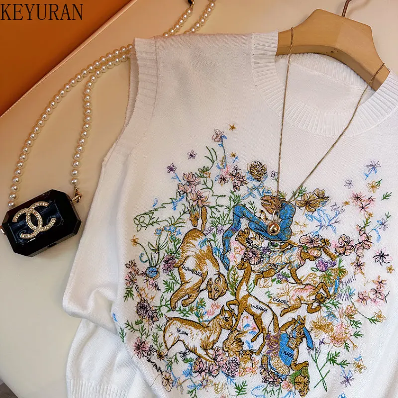 2023 Summer Embroidery Knitted Vest Women Vintage Pullovers Sleeveless Sweater Vests O-Neck Knitted Tank Crop Top Y2k Jumpers