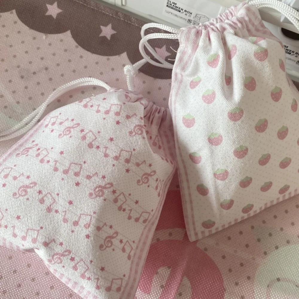 Cute Strawberry Musical Note Drawstring Bag Cartoon Coin Purse Portable Large Capacity Makeup Storage Pouch Gifts for Girls