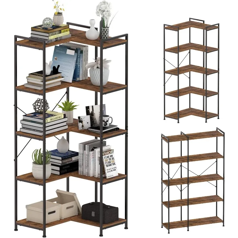 Bookshelf 5 Tier Deformable Corner Bookcase Free Standing Modern Industrial Book Storage Display Book Shelf