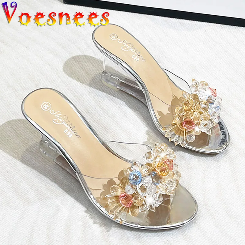 Woman Shoe 8CM Summer Wedge Sandals 2022 Design Color Bead Flower Transparent Heels Women Crystal String Rhinesto Bead Slippers