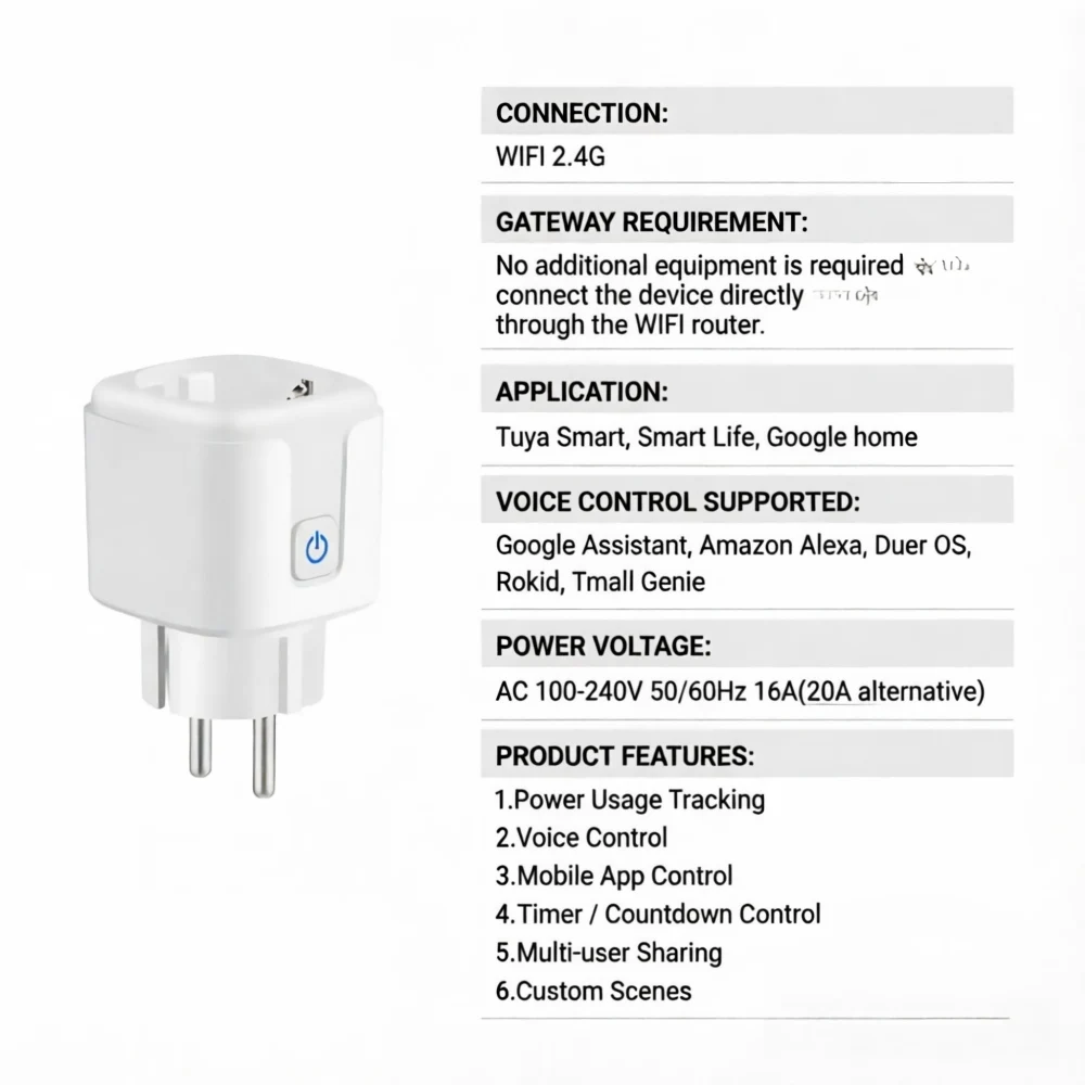 Obrázek 7: Tuya chytrý kolíček EU 20A 16A wi-fi nástrčkový s energie monitoring časovač & daleký ovládání pracovat s alexa & google asistent